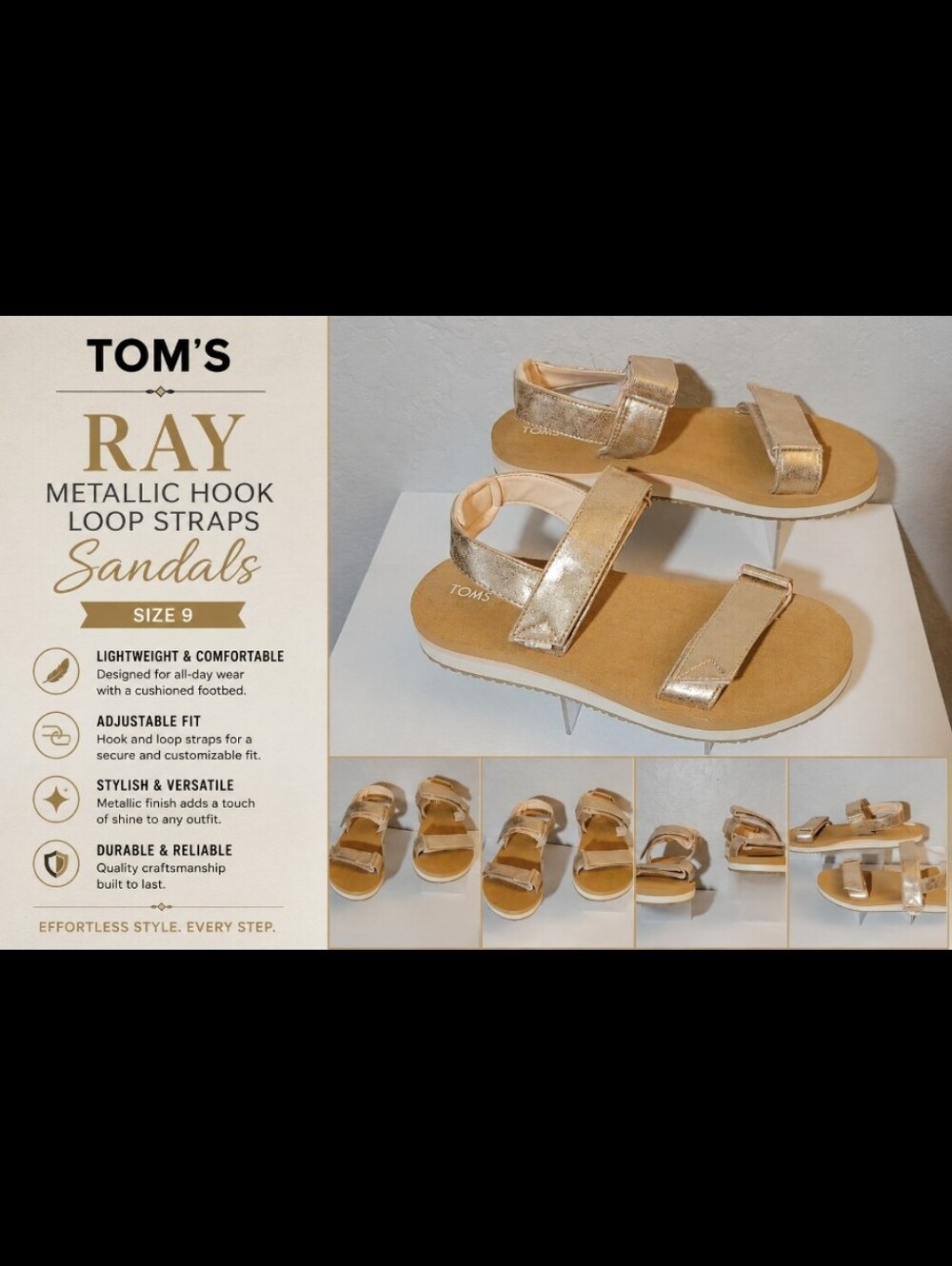 TOM'S Ray Metallic Hook Loop Straps Sandals 9